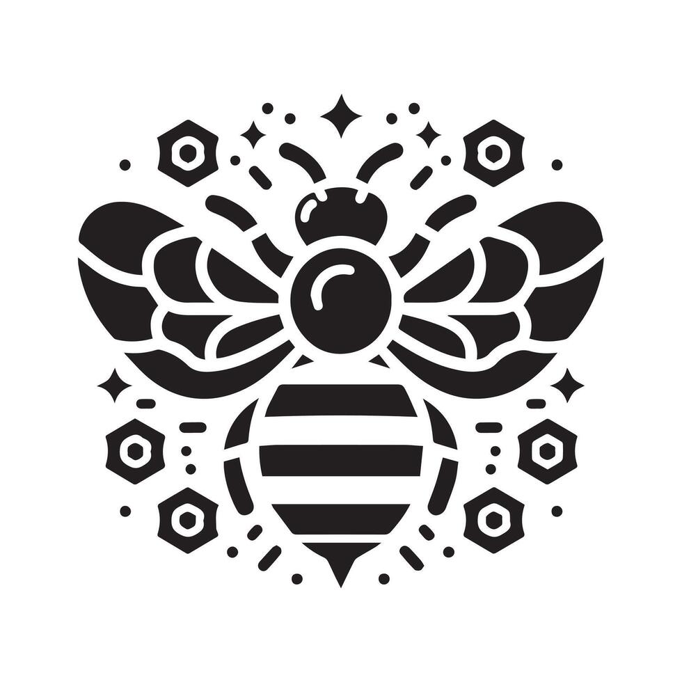 A whimsical, black and white graphic of a bee with stylized wings and a cheerful face, surrounded by small floral and star shapes. vector