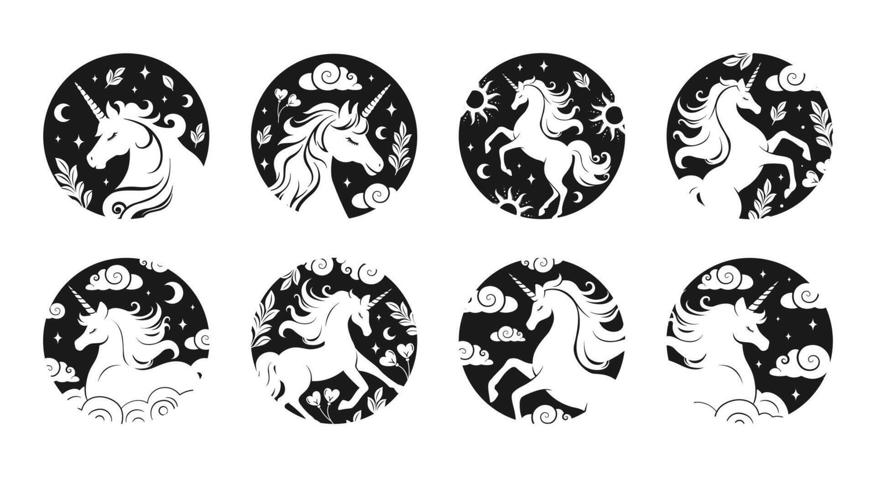 Unicorn silhouette in a circle stamp set. Fantasy magical mystic horse tattoo, Product design t shirt sticker print. vector