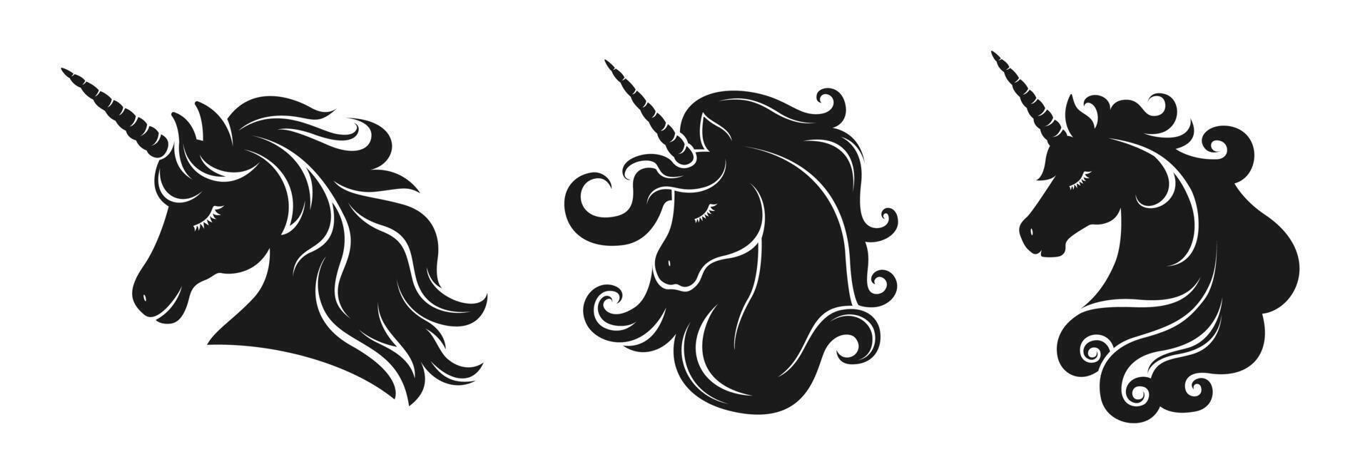 Unicorn head silhouette set. Fantasy magical mystic horse tattoo icon clipart set. Product design t shirt print. vector