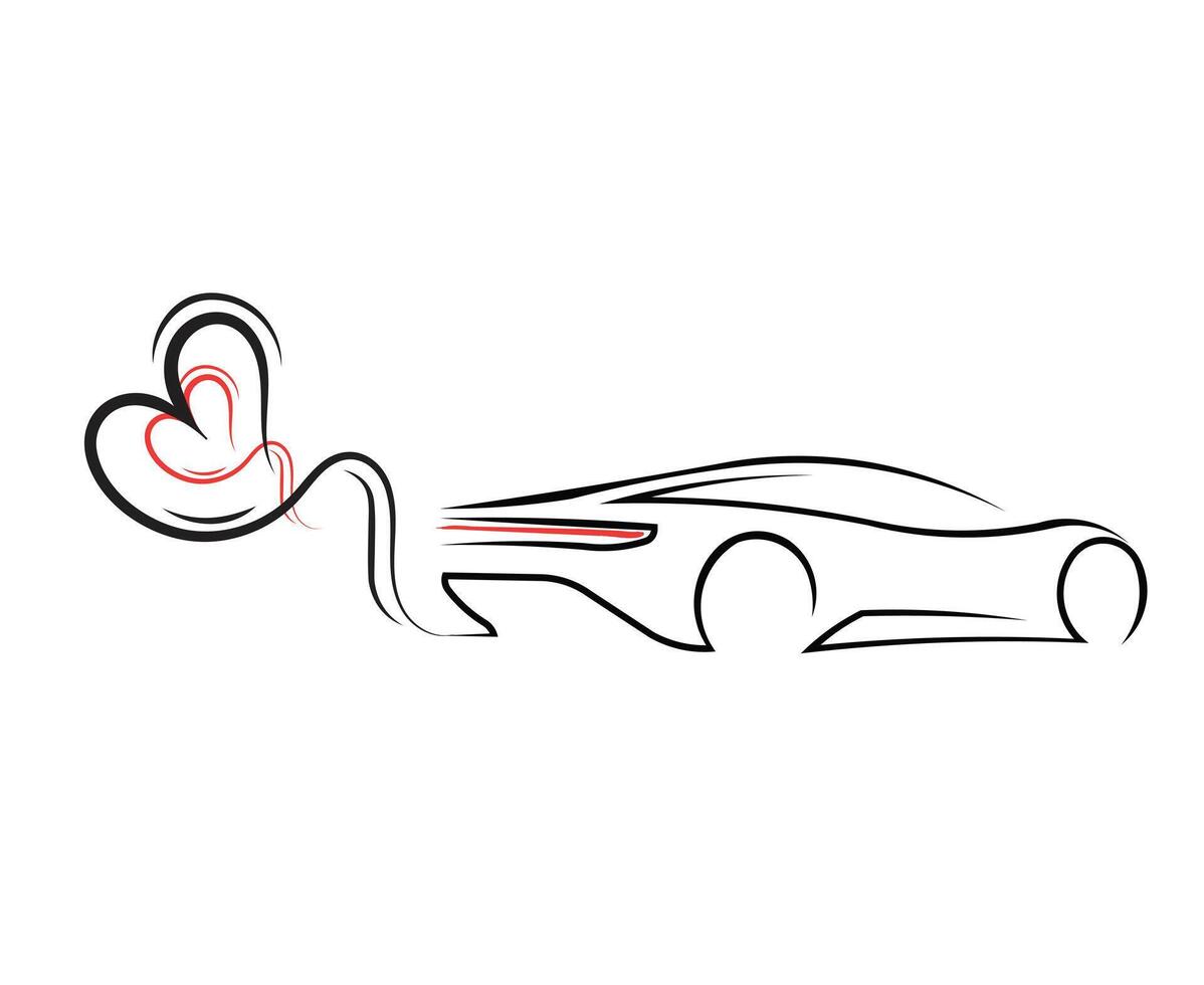Supercar line art work with heart shapes with red accents vector