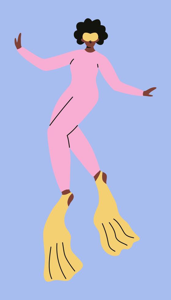 African American woman diver in diving suit, mask and fins. Sea sport diving. Cartoon illustrations isolated on background. vector
