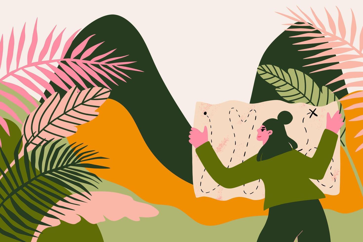 Hiker woman travel on mountains. Concept of hiking, holiday trip and travel. Flat illustration vector