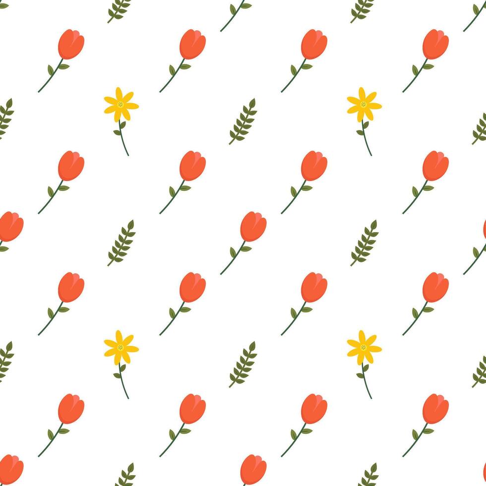 Delightful seamless pattern showcasing red tulips and yellow flowers vector