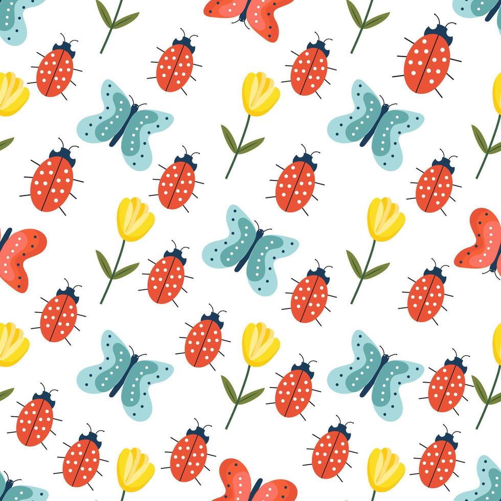 ladybug, butterfly and tulip pattern vector