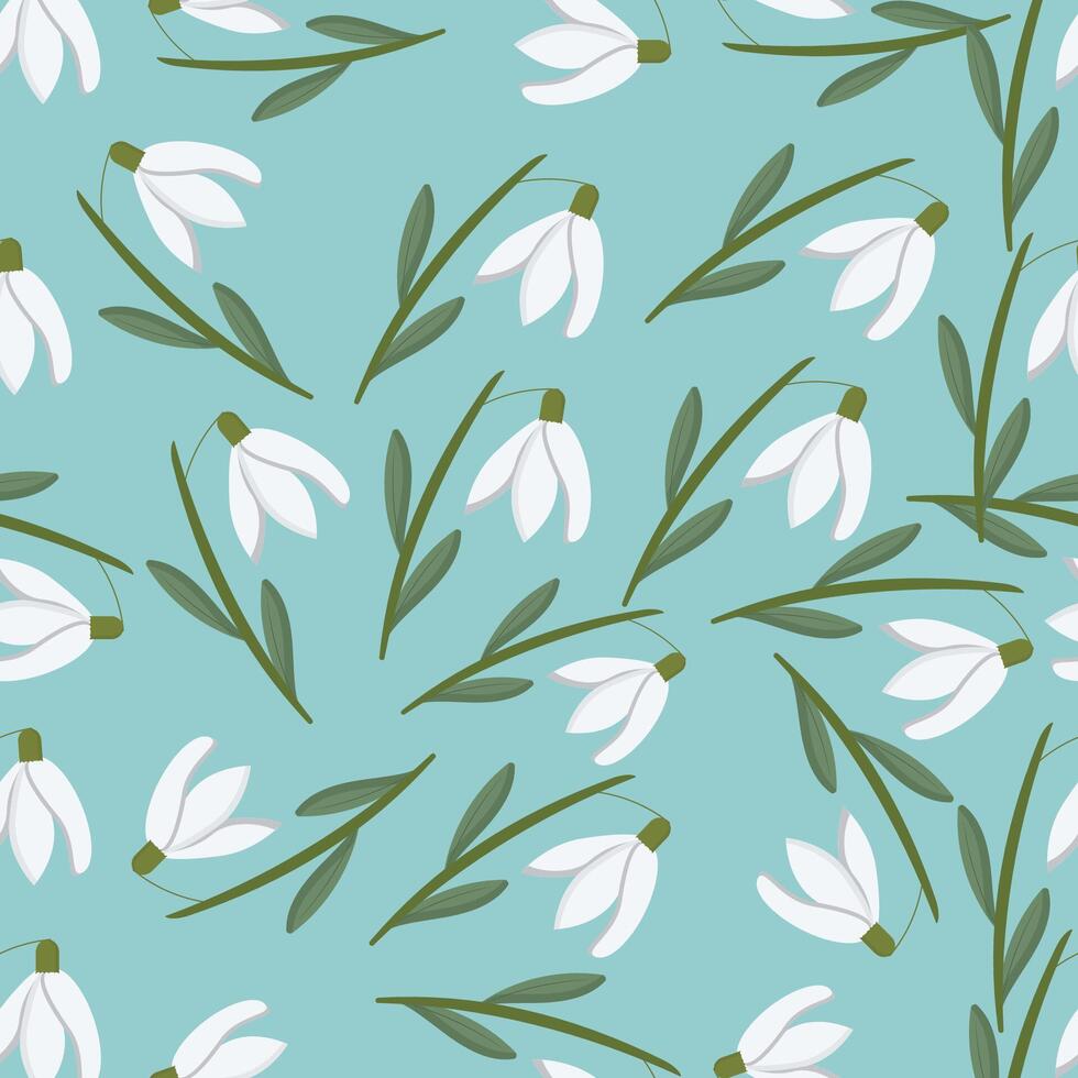 Delicate snowdrop flowers and leaves create a beautiful seamless pattern vector