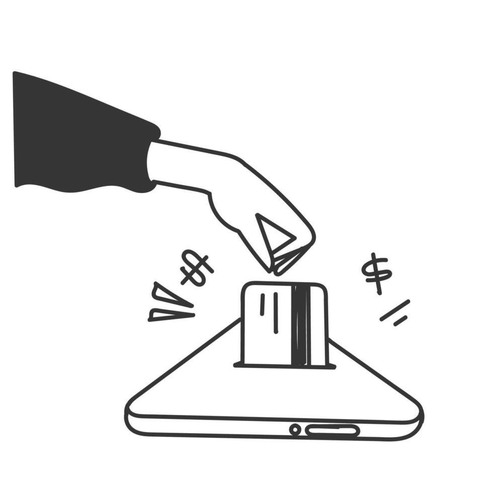 a hand is holding a credit card to a phone vector