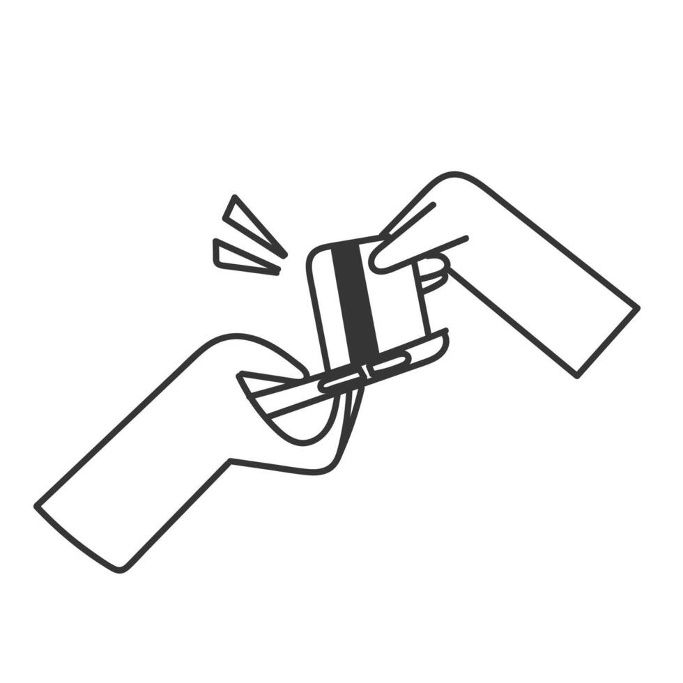 a black and white illustration of a hand holding card in to a phone vector