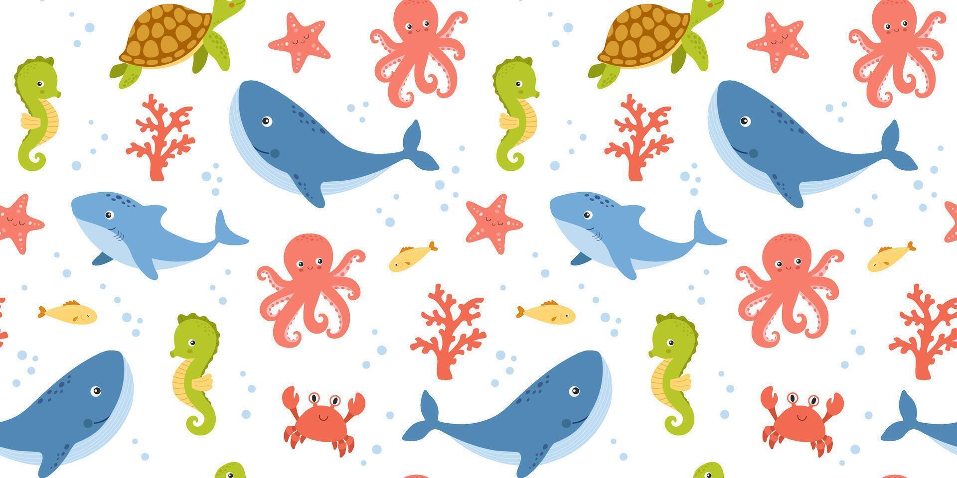 Seamless pattern with cute sea animals on white background, underwater life, childish illustrations. Nautical repeating design for nursery and kids vector