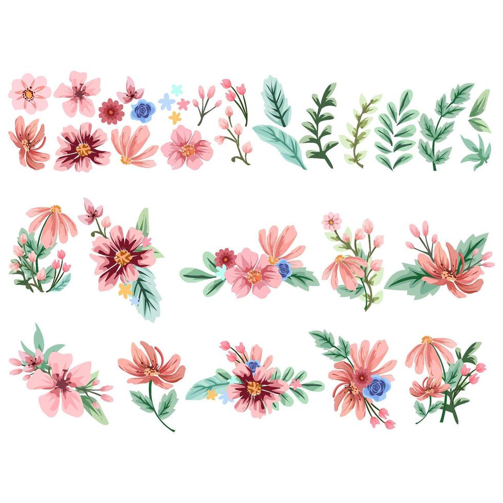 Blush and Burgundy Floral Collection Modern Botanical flowers and greenery elements vector