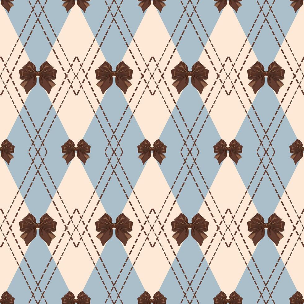 Cute argyle seamless pattern with bows in pastel blue, beige and brown vector