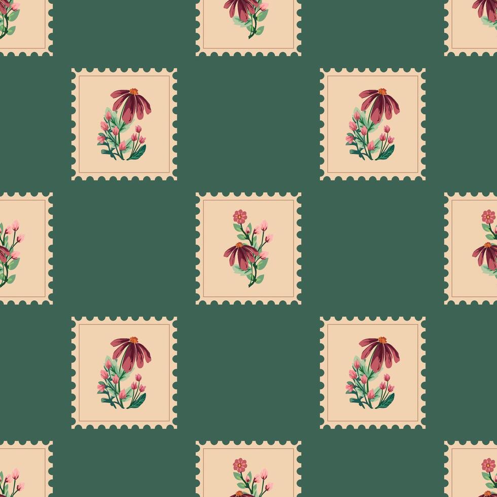 Seamless Vintage Floral Stamp Pattern on Green Background vector