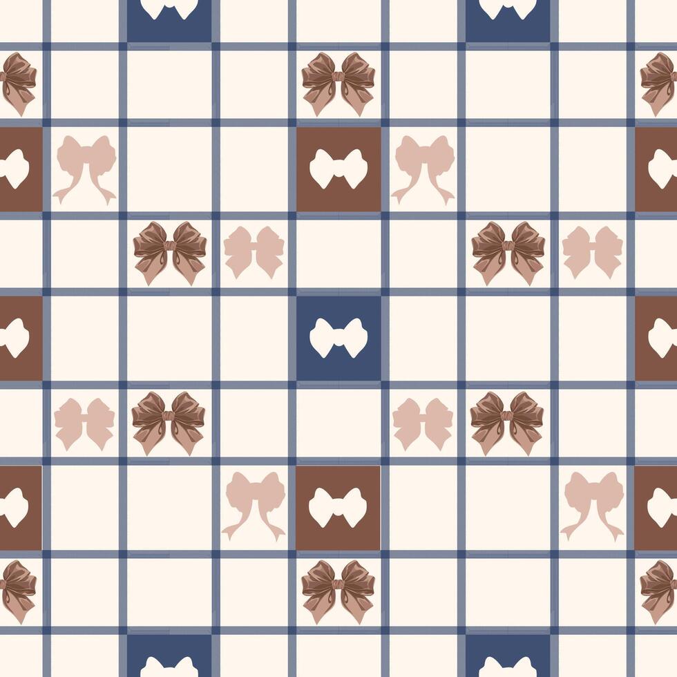 Cute Seamless Pattern With brown and navy Bows On Plaid Background vector