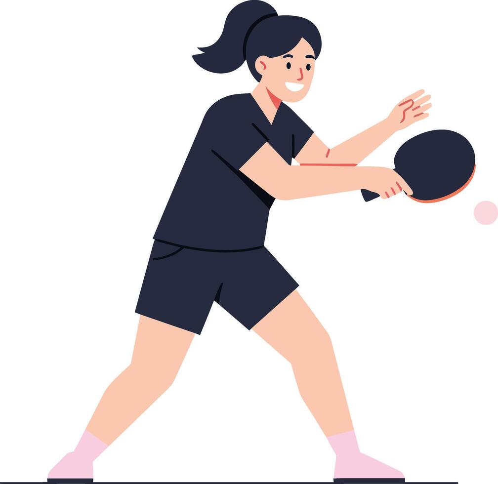 Young woman actively playing table tennis in a dynamic pose, wearing sports attire in a flat illustration vector