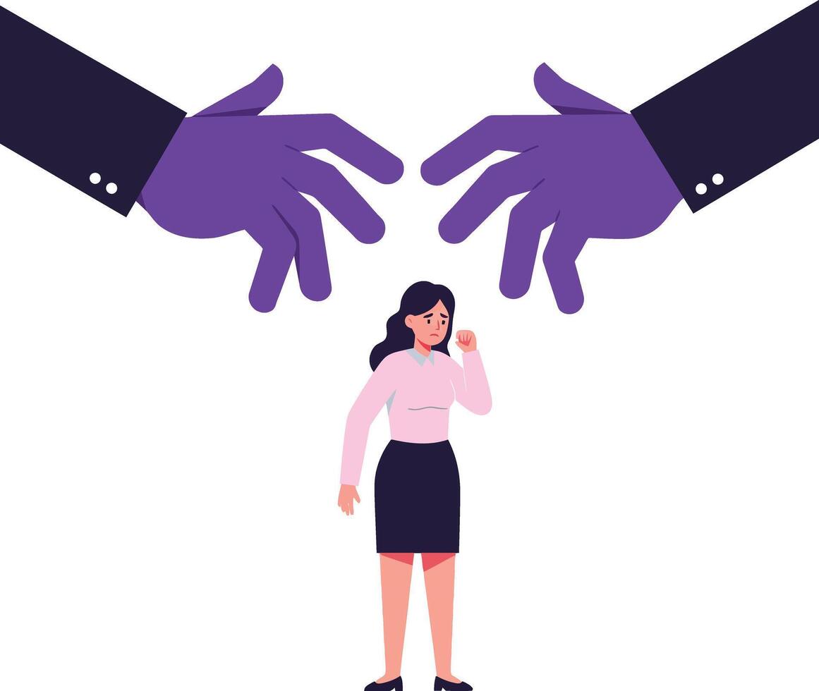 A woman standing in fear beneath two large hands in a flat, minimal design style illustration depicting vulnerability and tension in an abstract environment vector