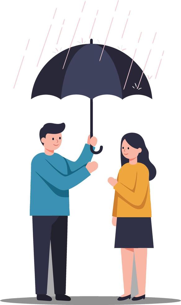 A man holding a black umbrella over a woman wearing a yellow sweater in a light rain, flat illustration vector