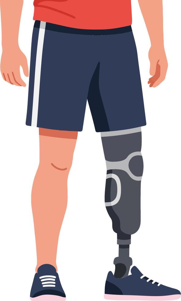 A man standing confidently with a prosthetic leg wearing casual sports attire, showcasing determination and resilience in a flat illustration vector