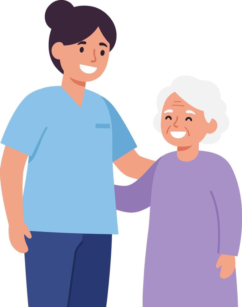 Caring nurse smiling warmly at an elderly woman in a flat, minimal illustration vector