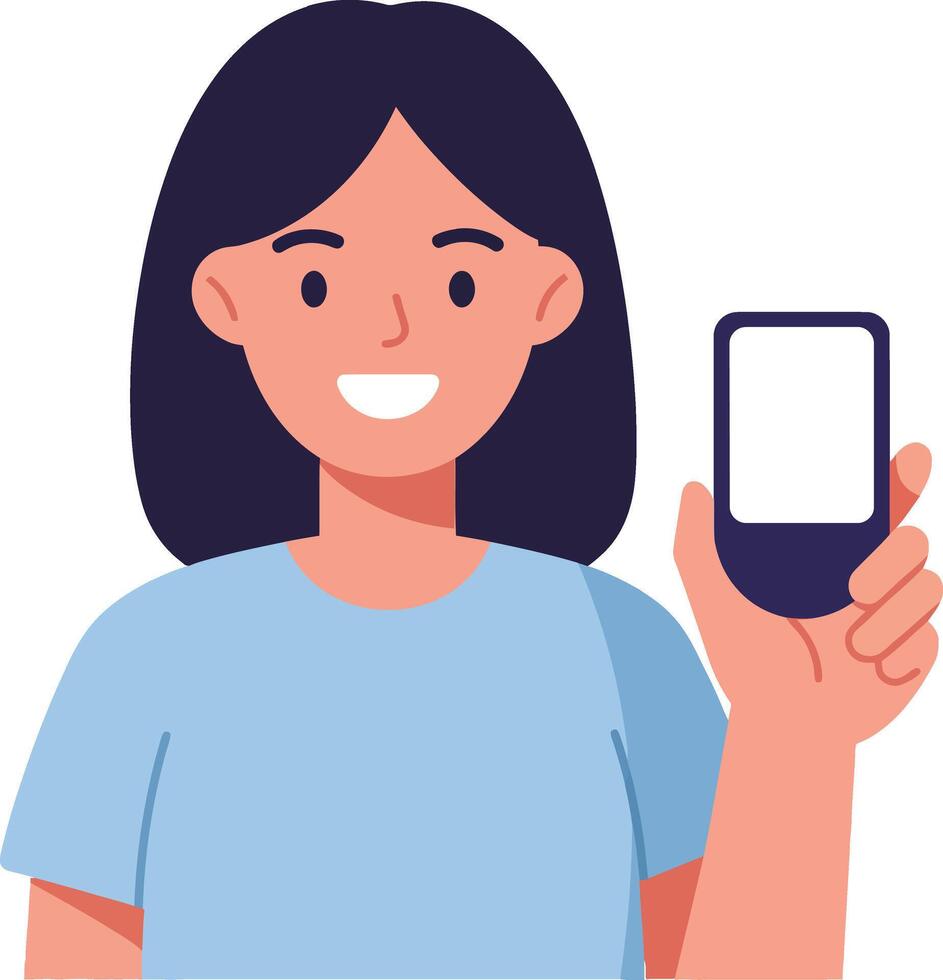 Smiling young woman with dark hair wearing a light blue shirt holding a smartphone in a flat, minimal style illustration vector