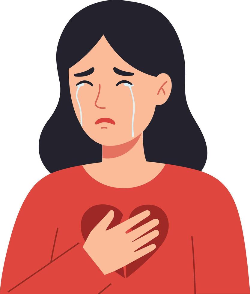 A woman with long dark hair wearing a red shirt, expressing sadness with tears and a hand over her heart in flat illustration vector