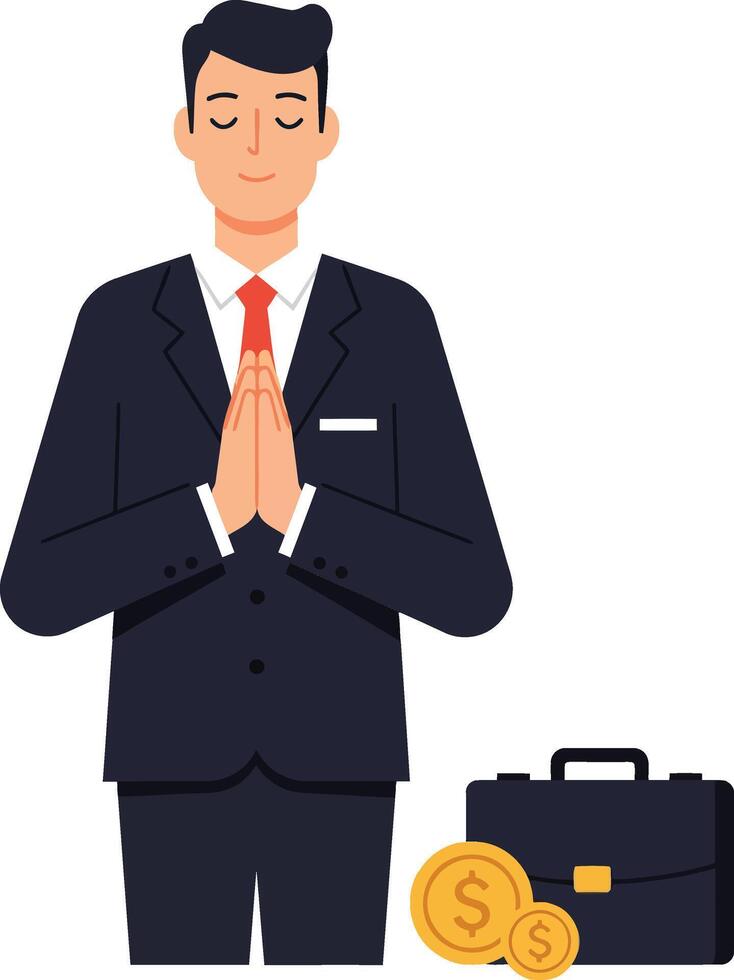 Professional businessman in a suit with hands clasped, expressing gratitude beside a briefcase and gold coins, flat illustration vector