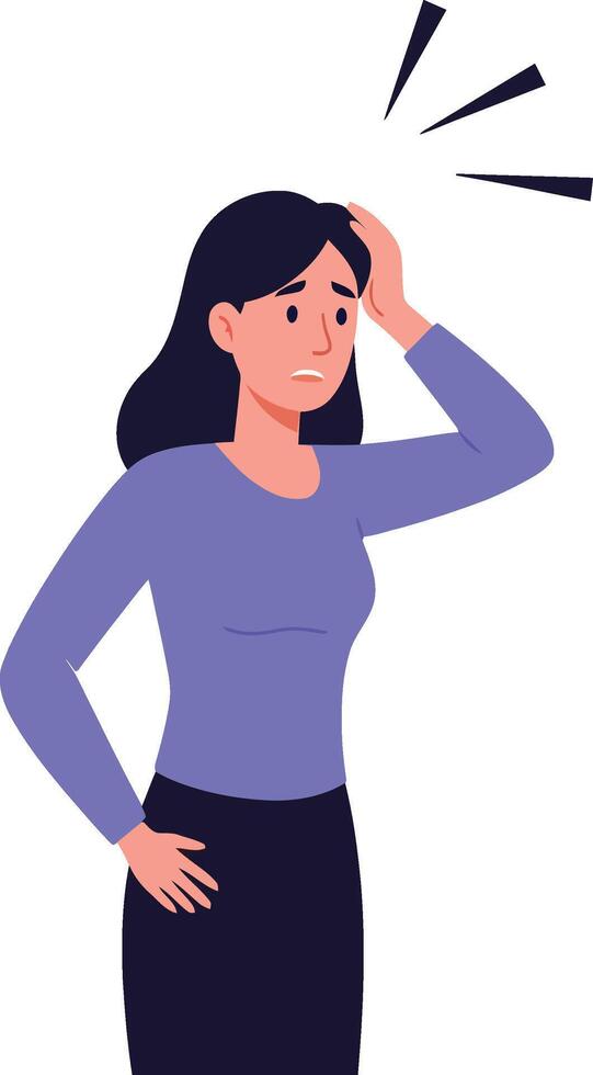 Woman with long black hair expressing concern while touching her forehead in a flat illustration depicting stress and anxiety vector