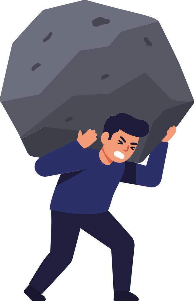 A determined man lifting a large boulder with effort in a flat and minimal illustration depicting strength and perseverance vector