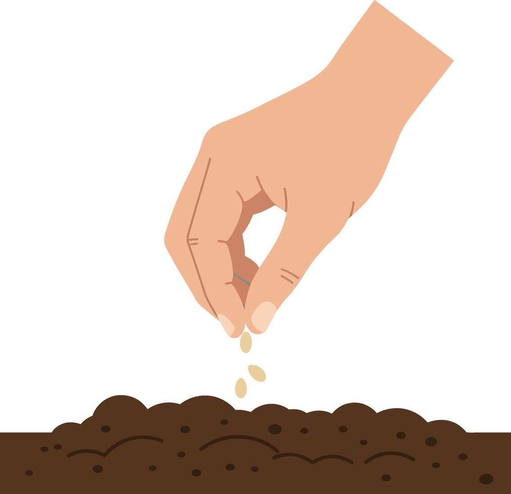 Hand planting seeds into rich brown soil in a flat design style illustration vector