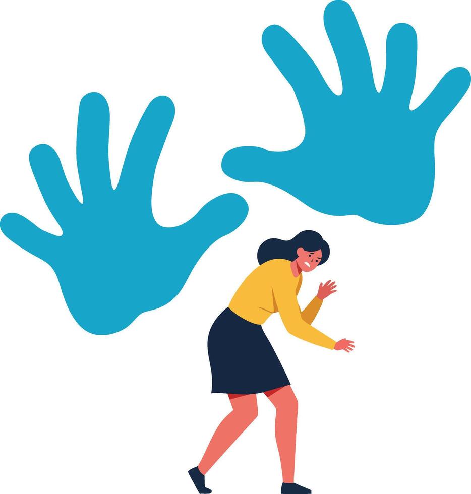 A woman in a yellow shirt and black skirt cautiously walks while large blue hands loom behind her in a flat illustration vector