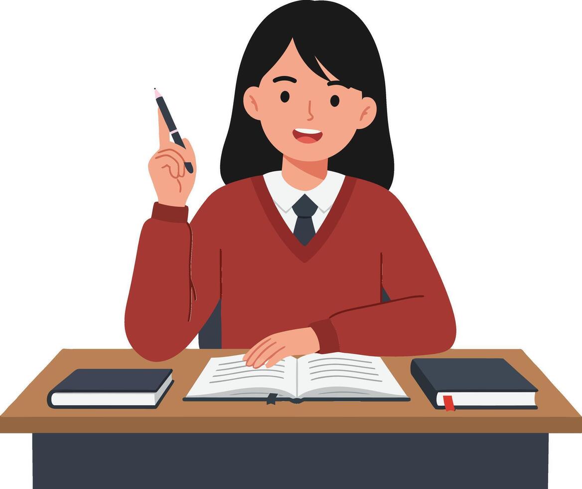 Engaging student with long black hair wearing a red sweater sitting at a desk, studying with books and a pen, flat illustration vector