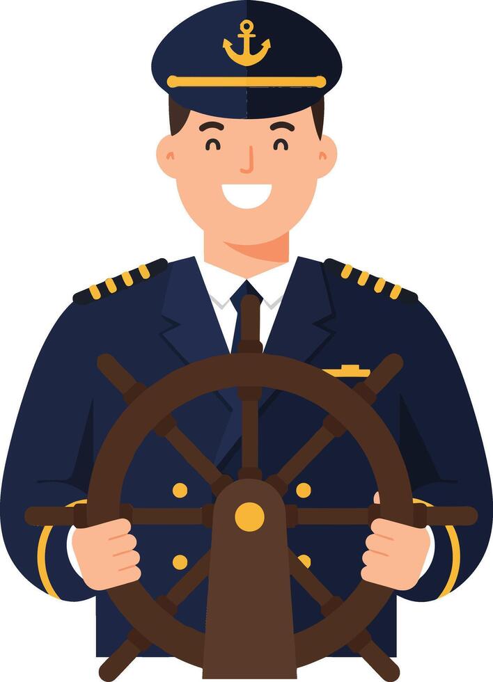 Smiling ship captain in a naval uniform confidently steering a ships wheel in a flat illustration vector