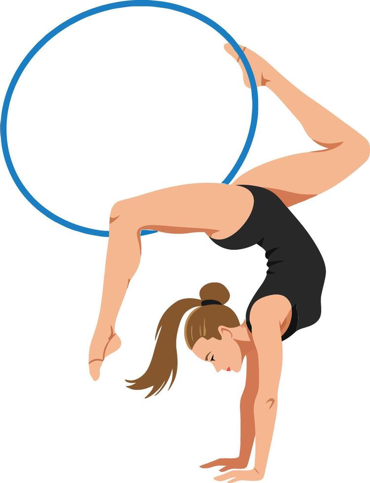 A female acrobat performing a graceful handstand inside a blue hoop, showcasing flexibility in a minimal style illustration vector