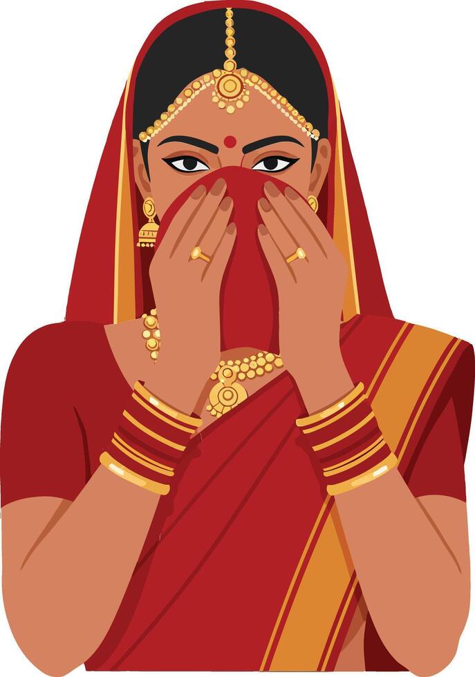 Elegant Indian woman in traditional red sari adorned with jewelry in flat art style, showcasing cultural beauty and grace in a vibrant portrayal vector