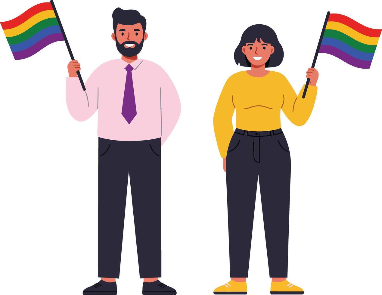 Two diverse individuals holding rainbow flags in a joyful celebration, flat design style, art vector