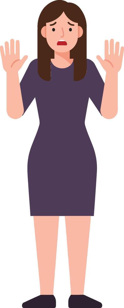 A woman in a purple dress with raised hands expressing concern in a flat illustration depicting an emotional moment in a minimalist style vector