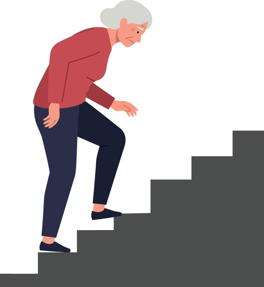 Elderly woman climbing stairs in a flat design style, showcasing determination and effort in a simple illustration vector