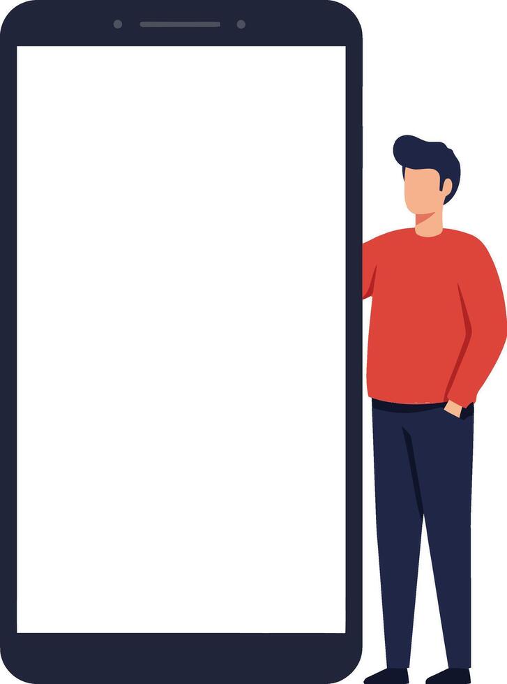 A man in a red shirt stands beside a large, blank smartphone in a flat design illustration vector