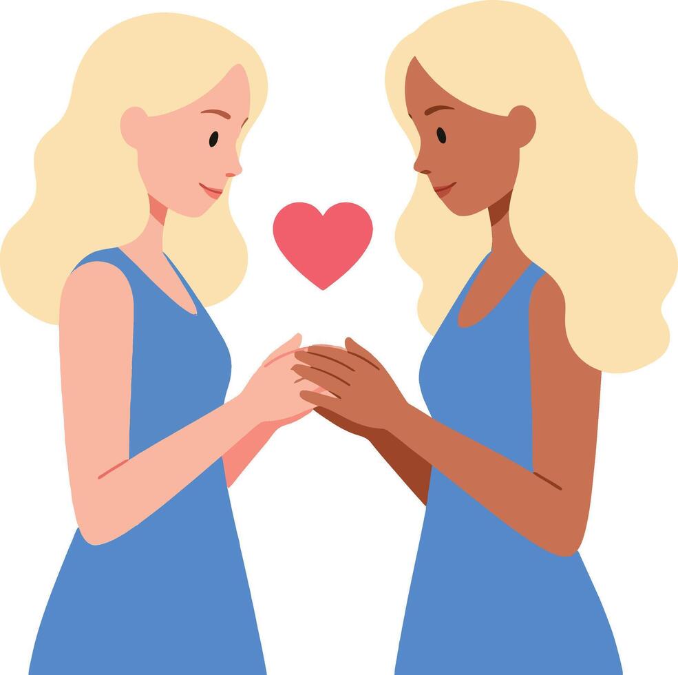 Two women holding hands with a heart symbol between them in a flat, colorful design style illustration vector