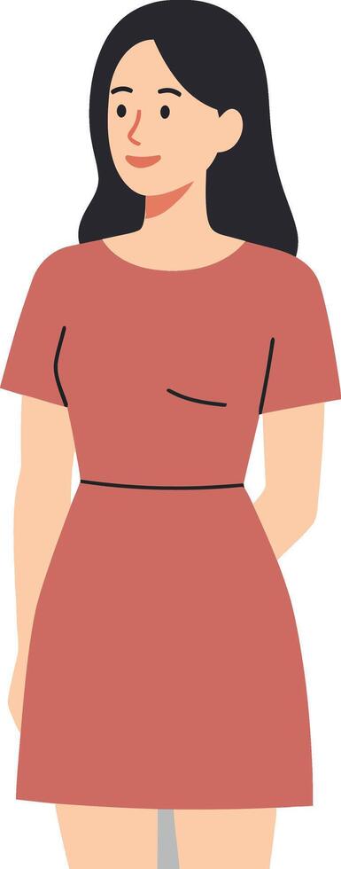 Cheerful young woman in a casual dress displaying a friendly expression in a flat illustration vector