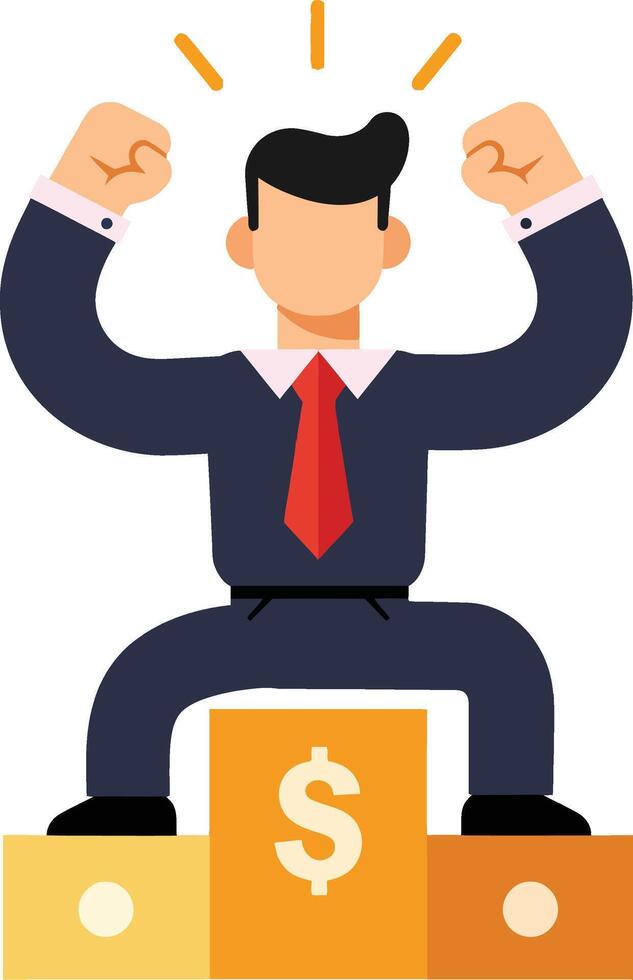 Confident businessman celebrating success while standing on podium blocks with dollar signs in colorful flat illustration vector