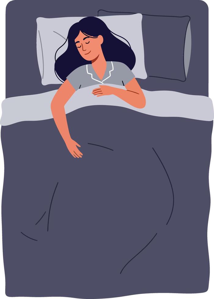 A serene woman peacefully sleeping in a cozy bed with soft pillows and a warm blanket in a minimal illustration vector