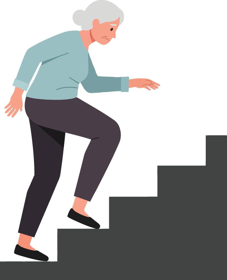 Elderly woman climbing stairs in a flat, minimal design showcasing determination and strength in art vector