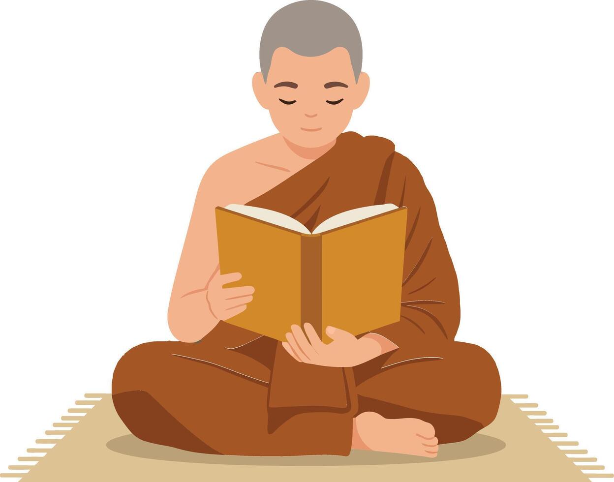 Young monk in brown robes sitting cross-legged on a mat, peacefully reading a book, flat illustration vector