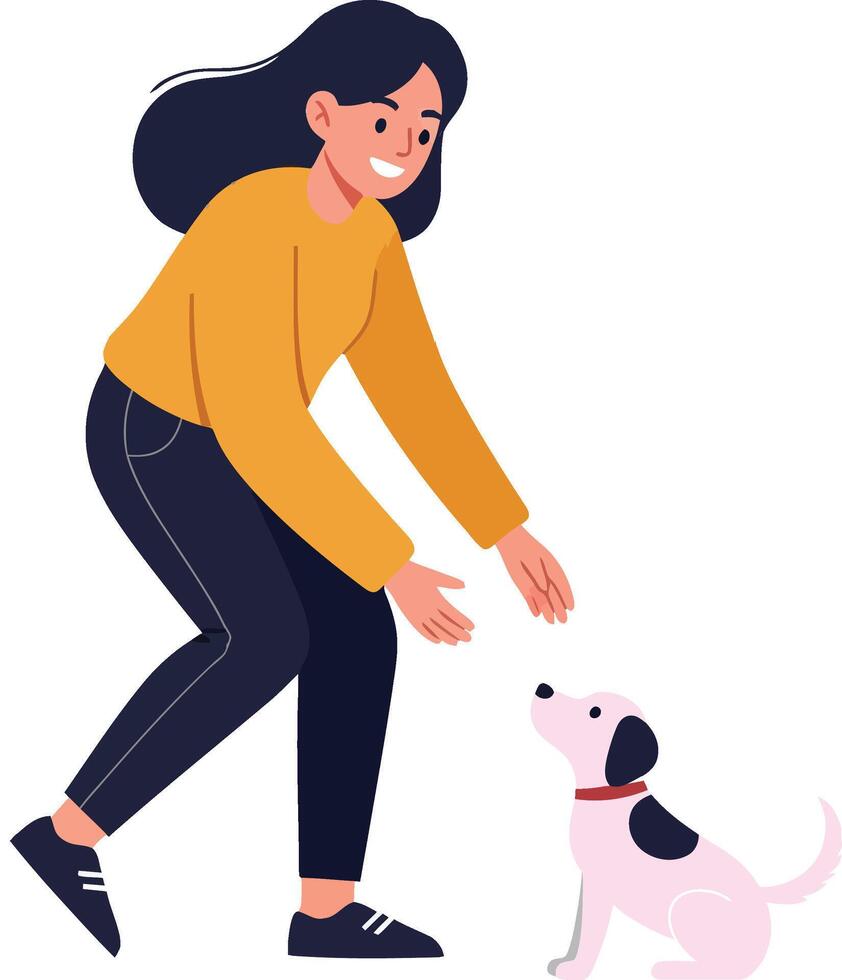 A cheerful woman in a yellow sweater kneeling to play with her friendly pink and black dog in a flat illustration vector