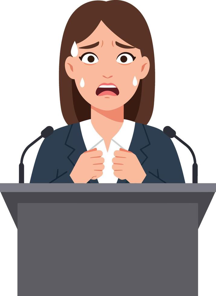 A worried woman standing at a podium in a suit, showcasing anxiety and fear in a flat illustration vector