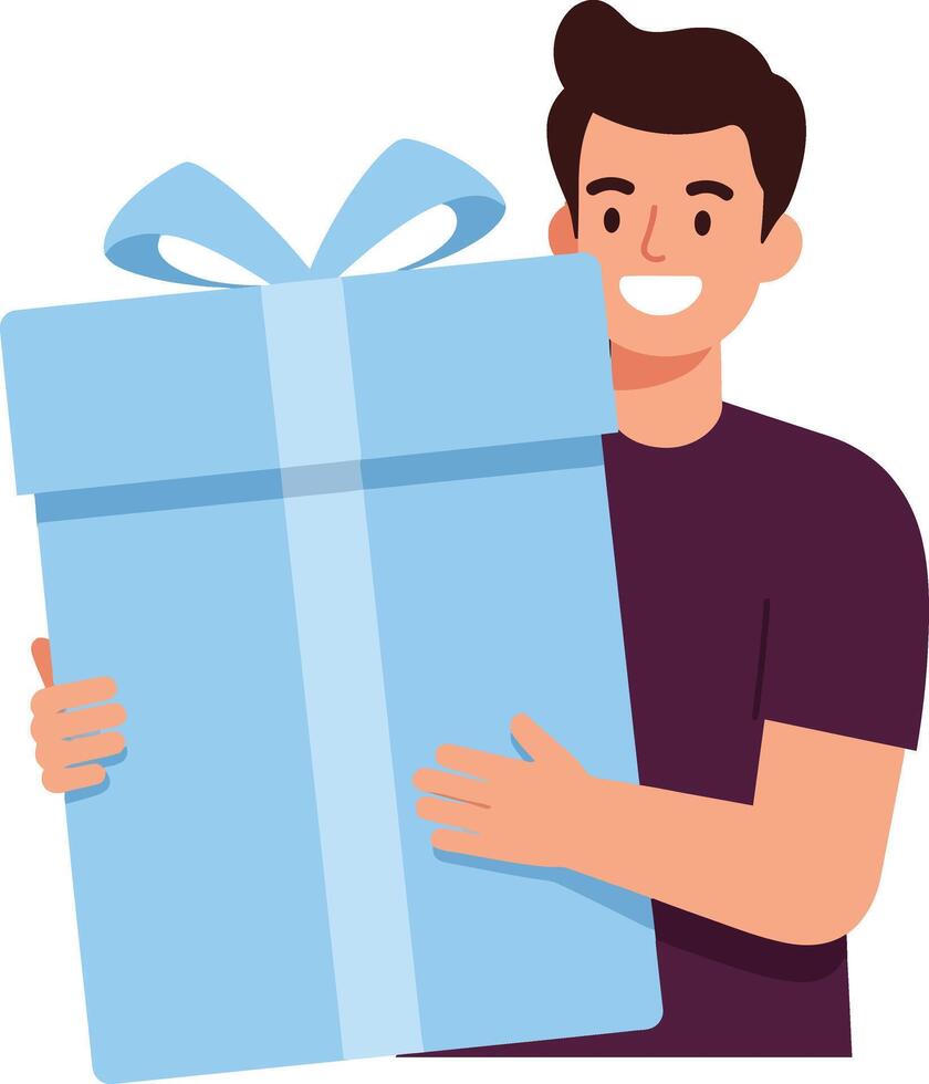 Cheerful man holding a large blue gift box with a ribbon in minimal flat design art vector