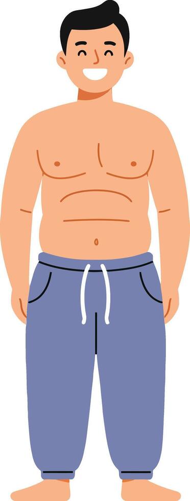 Cheerful young man with a friendly smile standing confidently in casual blue sweatpants, minimalist design style, illustration vector