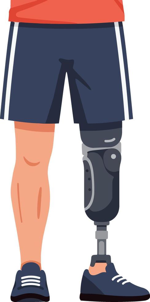 A young man wearing sports shorts and shoes, showcasing a prosthetic leg in a flat illustration, emphasizing resilience and athleticism in an empowering scene. vector