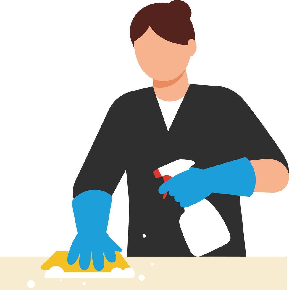 Person in blue gloves cleaning a surface with spray bottle in a minimal illustration vector