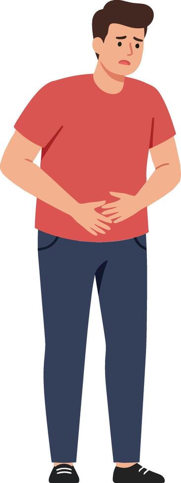 Young man in casual outfit with a pained expression holding his stomach, depicting discomfort in a flat illustration vector