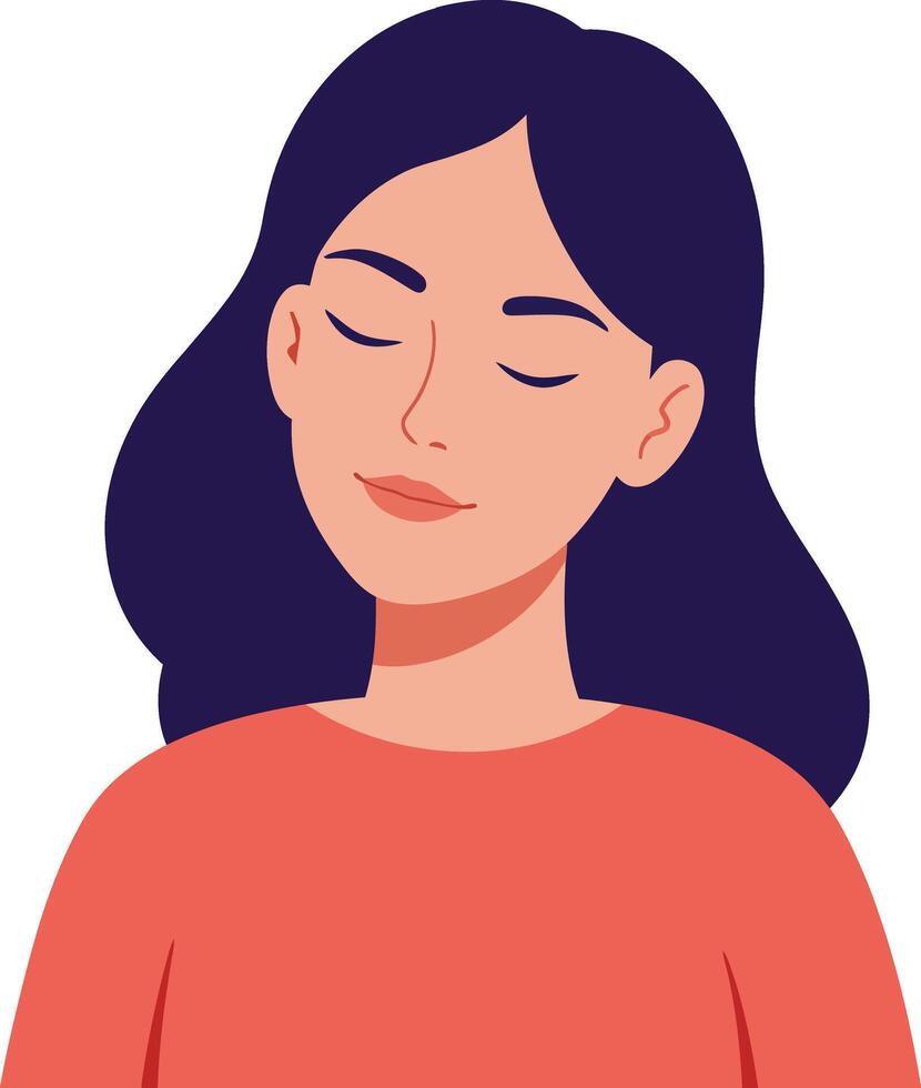 Young woman with closed eyes and peaceful expression in minimal style, showcasing serenity and calmness in illustration vector